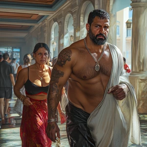 Hyperrealistic 1:1,A sweaty beefy man walking with his 54 year o...