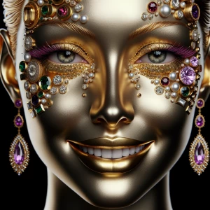A close-up portrait of a woman's face sculpted from polished 24-...