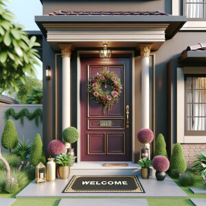 Create a 4d image of a warm and inviting front door with a welco...