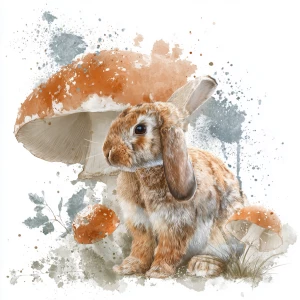 Rabbit under mushroom, watercolor on a white background, vector-...