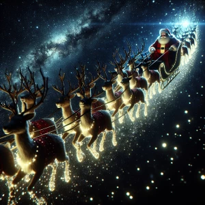 Closeup of Santa Claus his luminous sleigh and eight reindeer so...