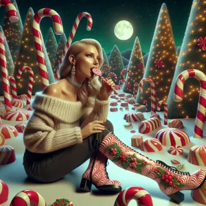 Create an image of a beautiful blonde woman enjoying a candy can...