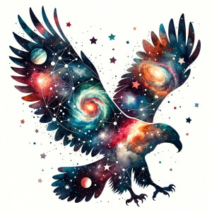 Cosmic watercolor filled animal silhouette on a blank white back...