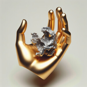 A very simple image of a gold hand held out in front holding a b...