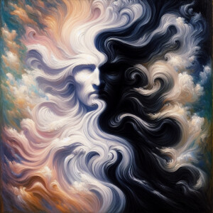 Amidst swirling shadows and shimmering light, a figure emerges e...