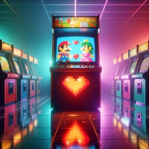 /imagine prompt: cinematic 1980s neon-lit arcade, polished refle...
