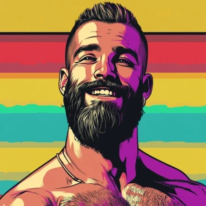 White muscular thin man with beard, big chin, smile and cheekbon...