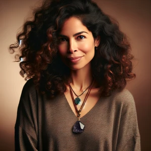 Image of a woman with warm, light brown skin and medium brown, v...