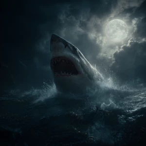 A massive great white shark breaches through dark, stormy waters...