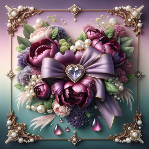 Picture an opulent heart-shaped frame adorned with pearls and go...