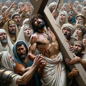 Christ wounded everywhere on his body as he hardly lifts the hea...