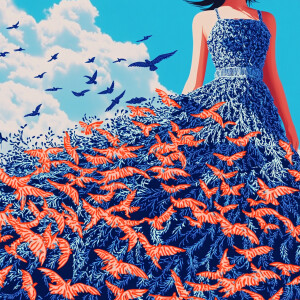 Realistic vector art of a woman whose dress is transforming into...