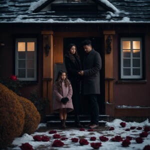 In winter, a father, mother and daughter stand near the threshol...