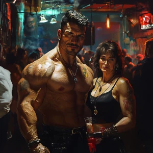 Create a realistic image of a muscular, sweaty man with a beefy...