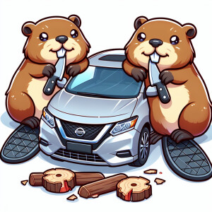 Милые бобры сидят и грызут автомобиль ниссан с ножами в лапах