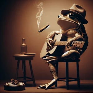 Anthropomorphic toad wearing a fedora, sitting on a stool, smoking a cigar, and strumming an acoustic guitar.