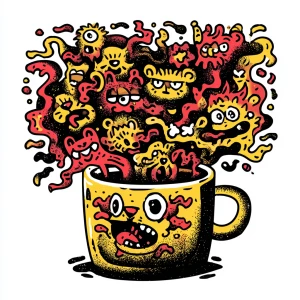 hand-drawn coffee cup overflowing with chaotic swirling steam tr...