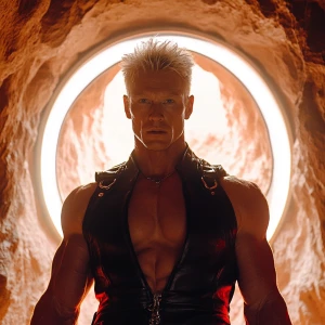 Capture the essence of a 30-year-old bodybuilder on a cosmic que...