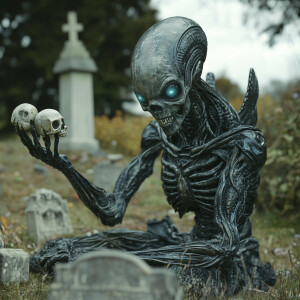 Alien collects souls from a cemetery. Throws skulls at camera.