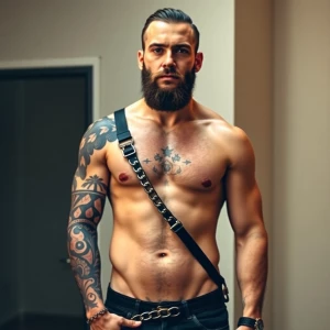 The image is of a shirtless man with tattoos on his chest, stoma...