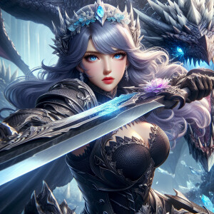 A beautiful huntress from the “Monster Hunter” series with dark...
