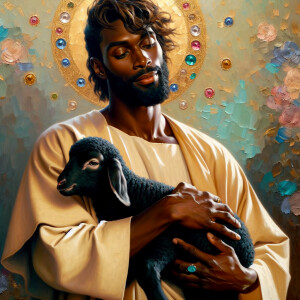 Oil painting of an African-American man resembling Jesus Christ,...