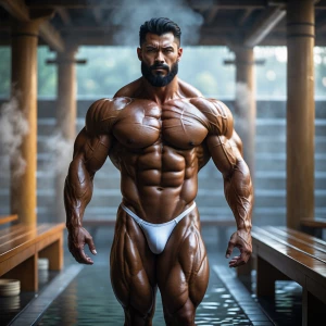 A hyper-realistic image of a muscular, mature bodybuilder man wi...