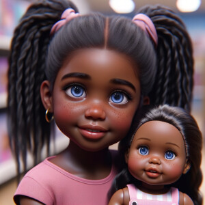 Create a 3-D realistic image of an African-American little girl above the age of five she has huge, blue eyes and thick long ponytails.
She is in a toy store and she is playing with her favorite african-American Cabbage Patch doll , the doll has deep, dimples and freckles