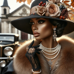 Create an image of a sophisticated woman with dark skin, wearing...