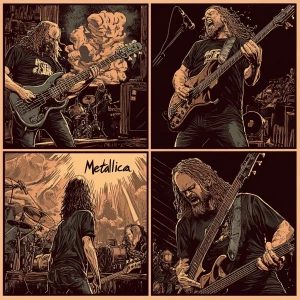 create a square image with four separate panels. Each panel depi...