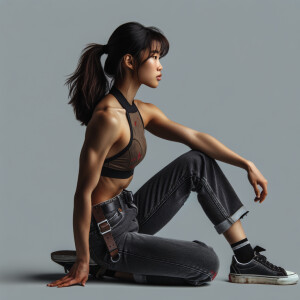 Very thin Athletic Thin skinny Attractive, Asian teenage girl, long brown hair and bangs, wearing tight skinny jeans and a halter top paint marks on her clothing, sitting side view heroic pose Asian graffiti