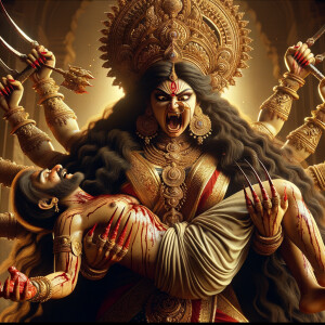 portrait of angry looking goddess durga  carrying a chubby mahishasur in her arms and poking him with her amazingly long red fingernails. She is wearing a huge gold crown, red saree, abundant  gold jewelry, covered in blood. The scene is set in ancient India. The image is 8K resolution, cinematic, ultra detailed face and epic.