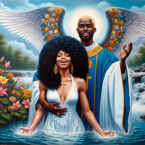 An oil painting depicting a light-skinned African-American pasto...