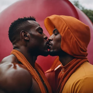 Two muscular African American men sharing a loving kiss.