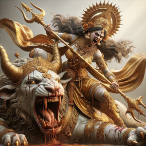 portrait of angry looking, indian goddess straddling a defeated...