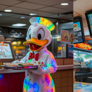 Donald Duck, dressed as a classic waiter, stands behind the coun...