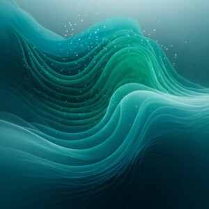 Sea blue and green. Nigth. Fog and small fishes arround