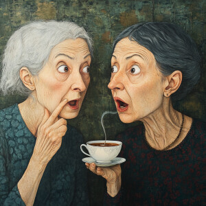 Generate an image of two women in their fifties sharing a secret...