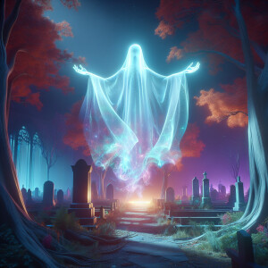 Transparent ghost with arms outspread, hovering above a graveyar...