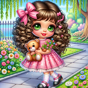 whimsical fantasy artistic cartoon of a little girl with curly h...