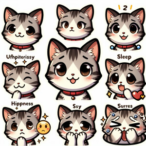 Create a sticker pack for me featuring a cute gray-and-white kit...