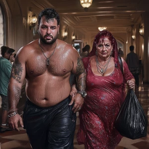 Photorealism,A sweaty beefy man walking with his 54 year old kas...
