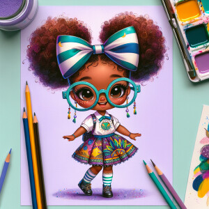 A chibi-style image of an African American 3-year-old girl, stan...