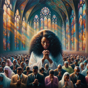 An oil painting depicting an African-American woman with long, wavy black hair, deeply immersed in prayer within a vibrant church setting. She is surrounded by a congregation of African-American individuals, all collectively engaged in worship and praise. The church is adorned with vividly colored stained glass windows, casting a mosaic of light that adds to the spiritual ambiance of the scene.