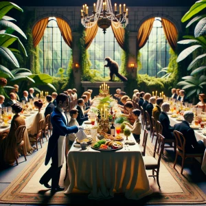 create a video of a formal dinner party in a mansion in the jung...