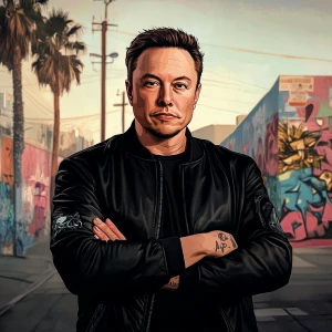 Elon Musk..Using Telegram, in GTA San Andreas and carton style