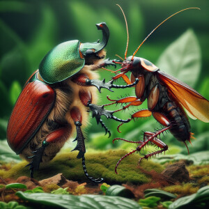 Image of a Japanese beetle fighting an Asian cockroach