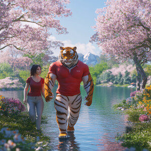 A muscular anthropomorphic male tiger in a tight cherry-red shor...