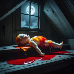 In a shadowy attic room, illuminated only by the soft glow of th...