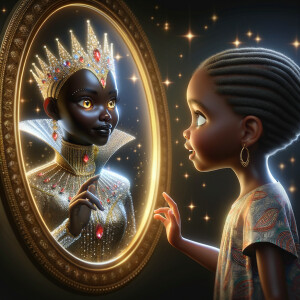 In a 3-D realistic world, a beautiful African-American child stands before a mirror. Her eyes widen as she gazes at her reflection, for the mirror reveals not just her own image but a majestic adult queen. The queen’s skin glows with regal elegance, her features exuding grace and wisdom. She wears a crown adorned with shimmering jewels, each gem reflecting the light like a thousand stars.
The child’s wonder deepens as she realizes that the queen in the mirror is none other than her future self—a powerful ruler who wears her heritage with pride. The mirror whispers secrets of destiny, urging her to embrace her potential and become the queen she sees.
And there, in this magical moment, the child and the queen share a silent pact: to honor their roots, uplift their people, and wear their crowns with unyielding strength.